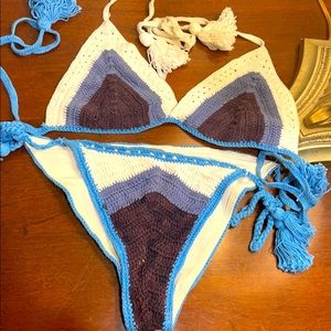 Aerie Blue and White Crochet Bikini Top and Bottom